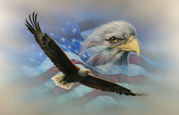 2 Eagle with American Flags, animals, flag, oliday, holiday Free HD Wallpaper