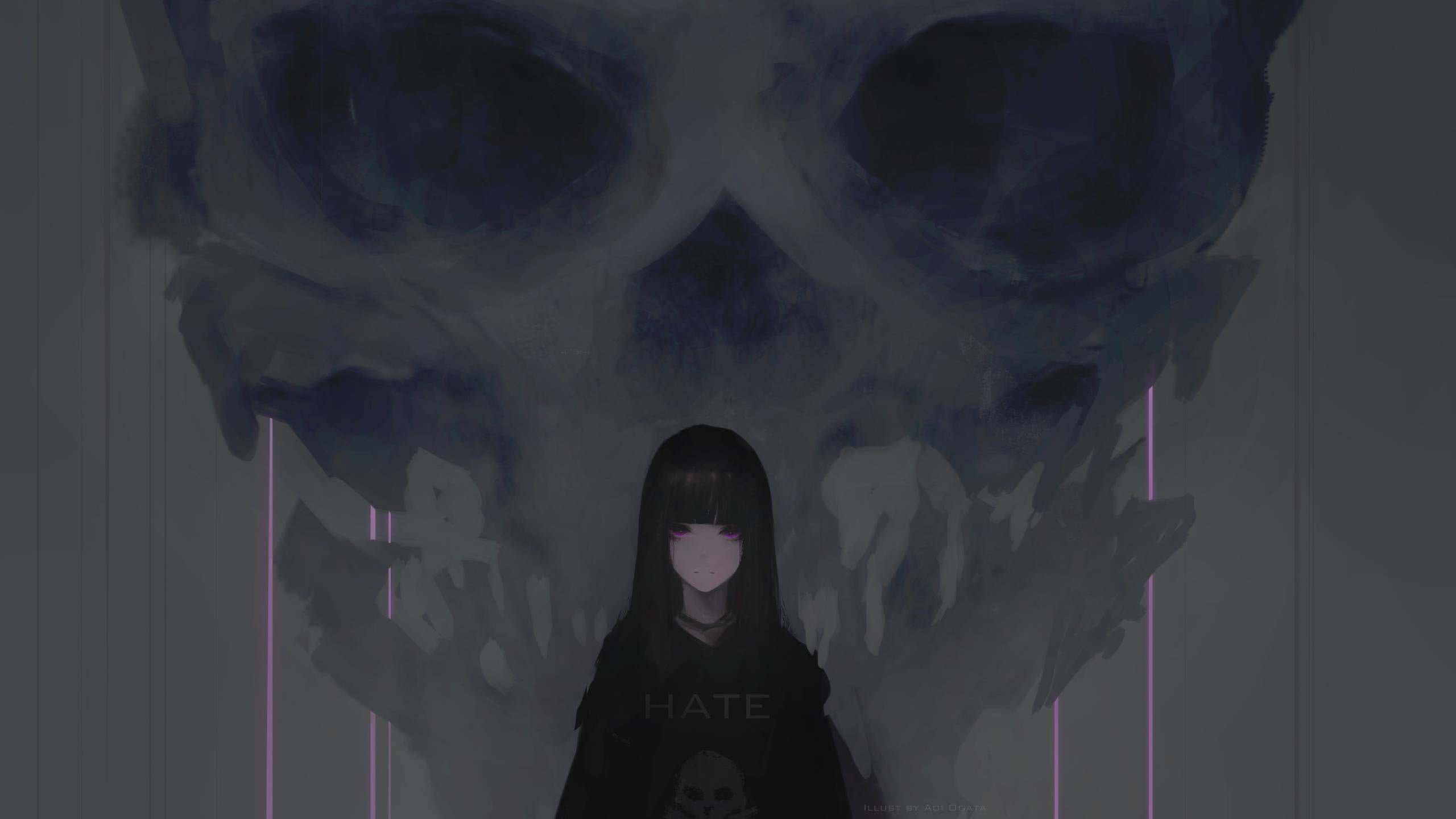 Anime Girl Dark Purple Hair, women, purple eyes, adult, standing
