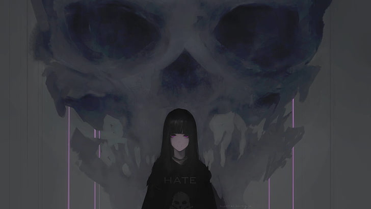 Anime Girl Dark Purple Hair, women, purple eyes, adult, standing Free HD Wallpaper