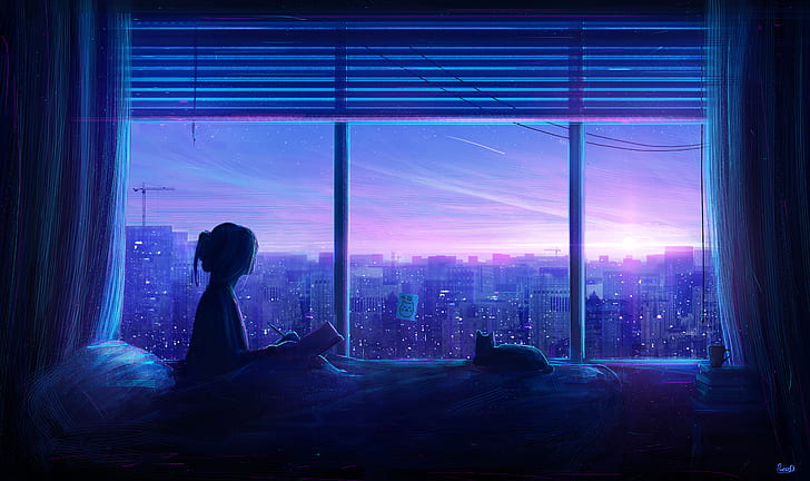 Anime HP Laptop, dark, sunrise, city lights, room Free HD Wallpaper