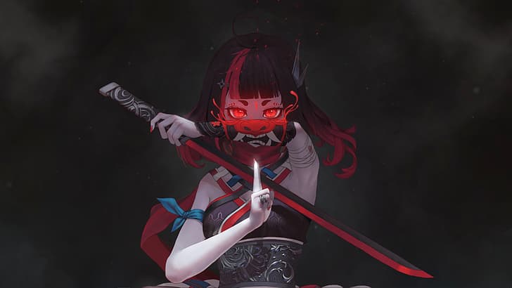 Anime Kimono Girl with Sword, anime girls, devil, ninja girl, sword Free HD Wallpaper