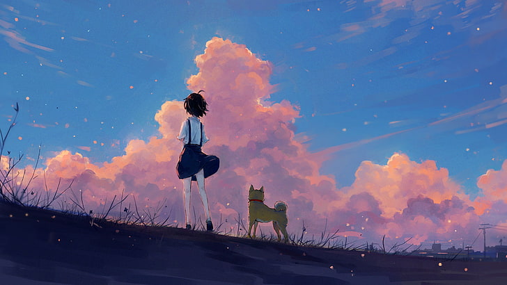 Anime Landscape Art, one person, standing, sunset, rear view Free HD Wallpaper