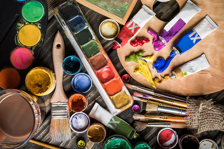 Artist Paint Brush and Palette, easel, multi colored, painting, drawing  activity Free HD Wallpaper