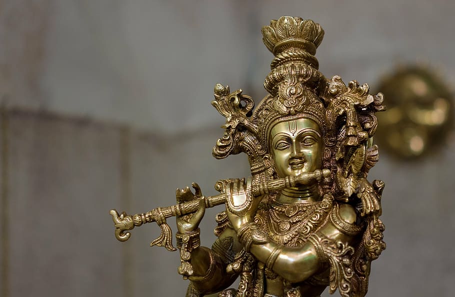 Baby Krishna Idol, statue, ornate, musical instrument, spirituality Free HD Wallpaper