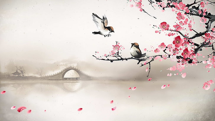 Chinese Cherry Blossom Watercolor, beauty in nature, spring, decoration, celebration Free HD Wallpaper