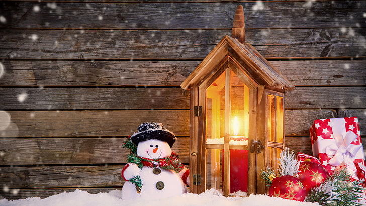 Christmas House Decor, snow, log cabin, candlelight, xmas Free HD Wallpaper