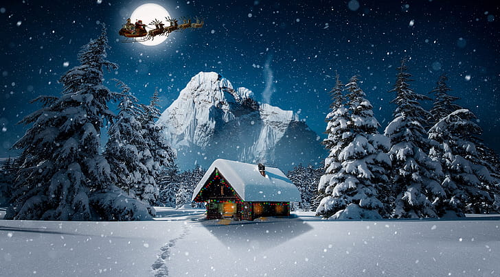 Christmas Night Sky, fantasy, photomanipulation, snowytrees, landscape Free HD Wallpaper