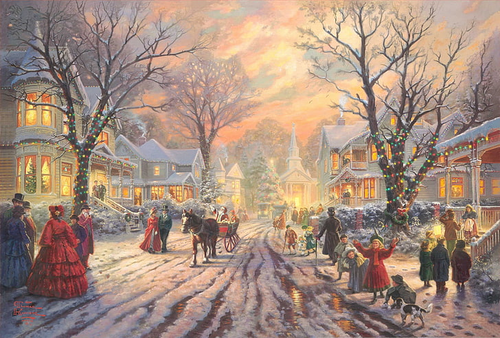 Christmas Thomas Kinkade Gallery, town, bare tree, crowd, new Free HD Wallpaper
