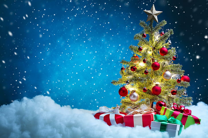 Christmas Tree Cover Photo, christmas tree, snow, gifts, christmas Free HD Wallpaper