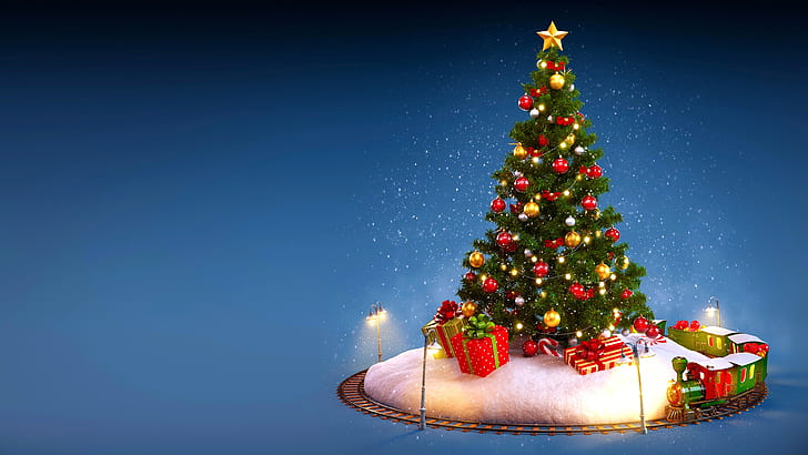 Christmas Tree Train Tracks, toy train, christmas, blue, xmas Free HD Wallpaper