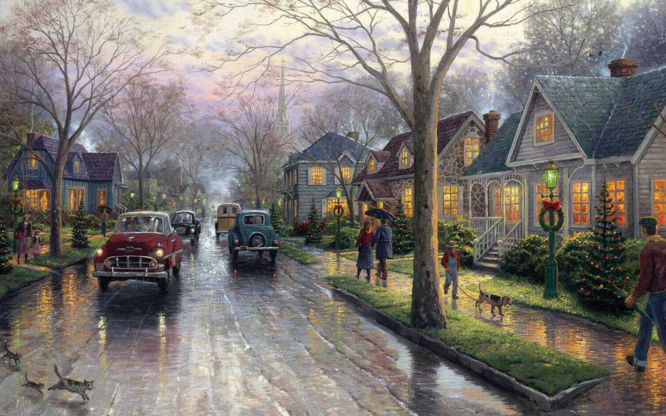 Christmas Village Thomas Kinkade Painting, transportation, oldfashioned, christmas, cultures