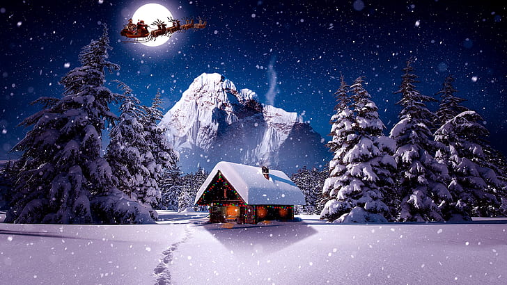 Christmas Winter Scenes at Night, mountain, christmas night, chistmas, house Free HD Wallpaper