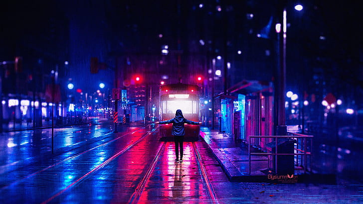 Colorful City Lights at Night, purple, train, dark, people Free HD Wallpaper