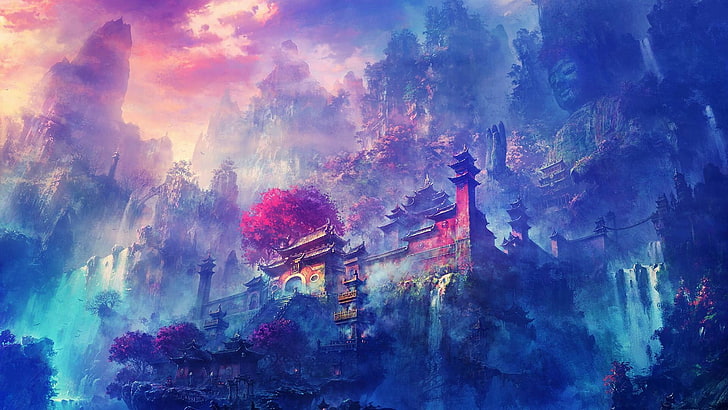 Cool Anime Scenery, colorful, illuminated, buddhism, tree Free HD Wallpaper