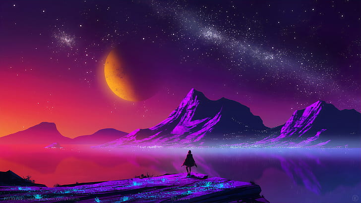 Digital Aesthetic Art, reflection, nebula, planet, silhouette Free HD Wallpaper