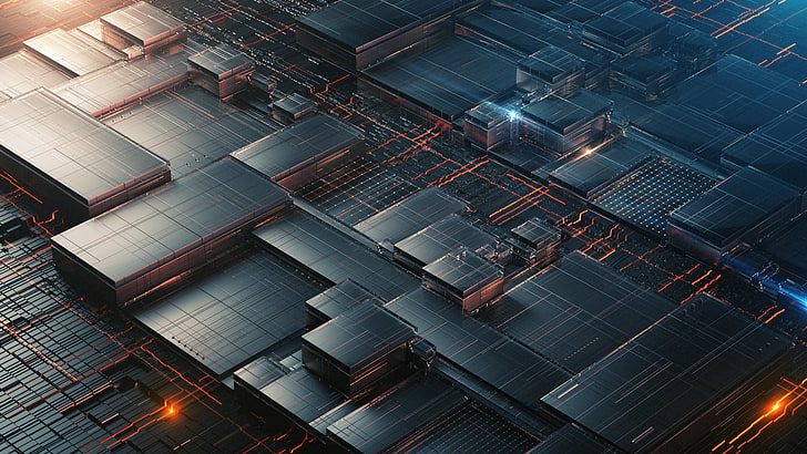 Digital Art Computer, factory, illuminated, city, futuristic Free HD Wallpaper