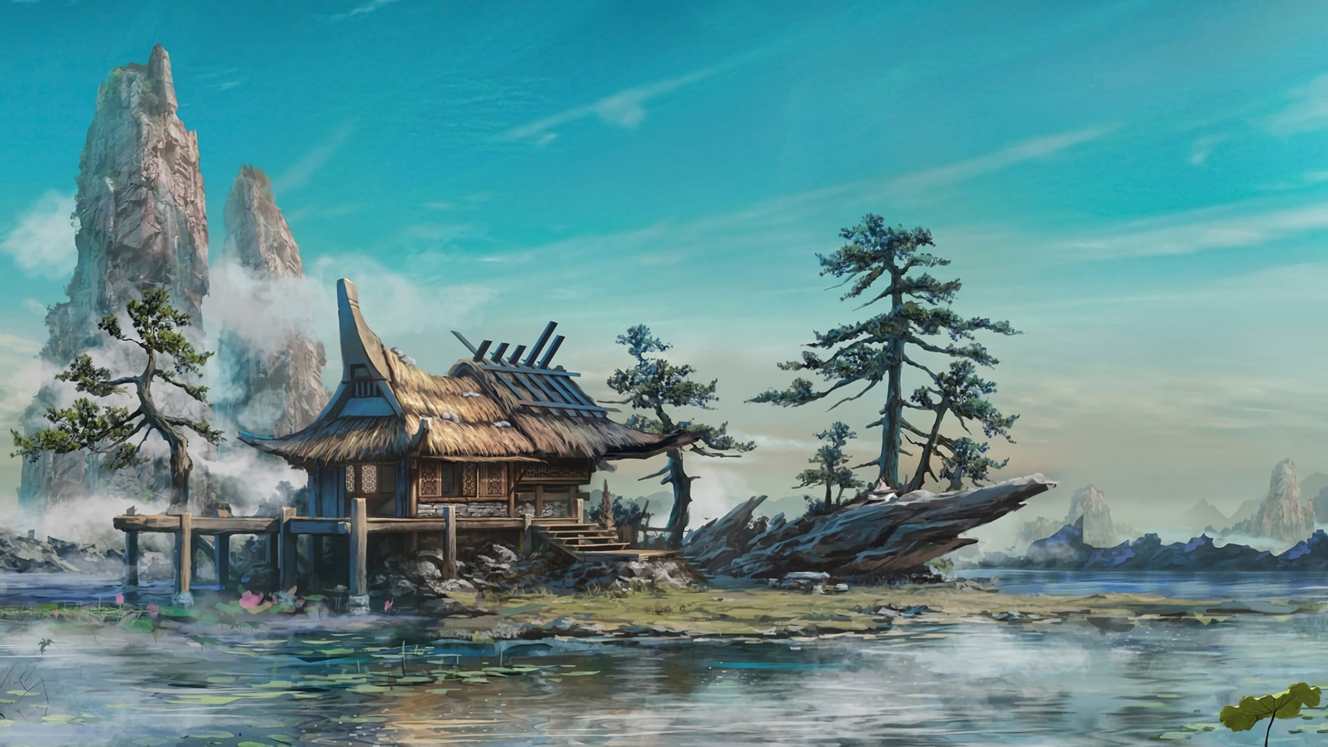 Digital Art Illustration, tranquil scene, no people, lake, building exterior