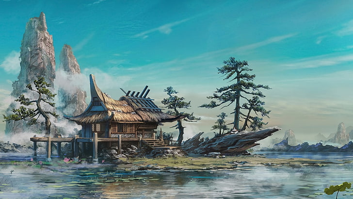 Digital Art Illustration, tranquil scene, no people, lake, building exterior Free HD Wallpaper