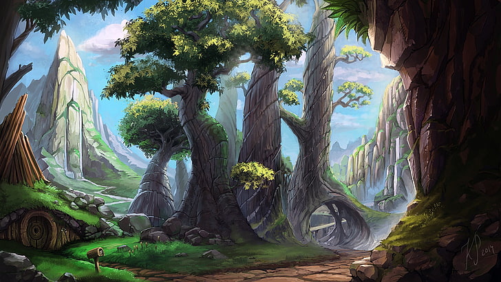 Forest Scene Art, scenics  nature, no people, fantasy, tree trunk Free HD Wallpaper