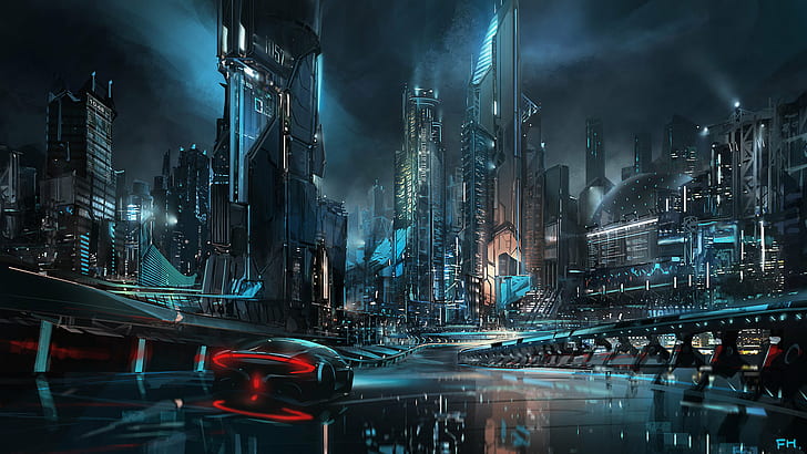 Futuristic City Concept Art, dark, cyberpunk, cityscape, science fiction