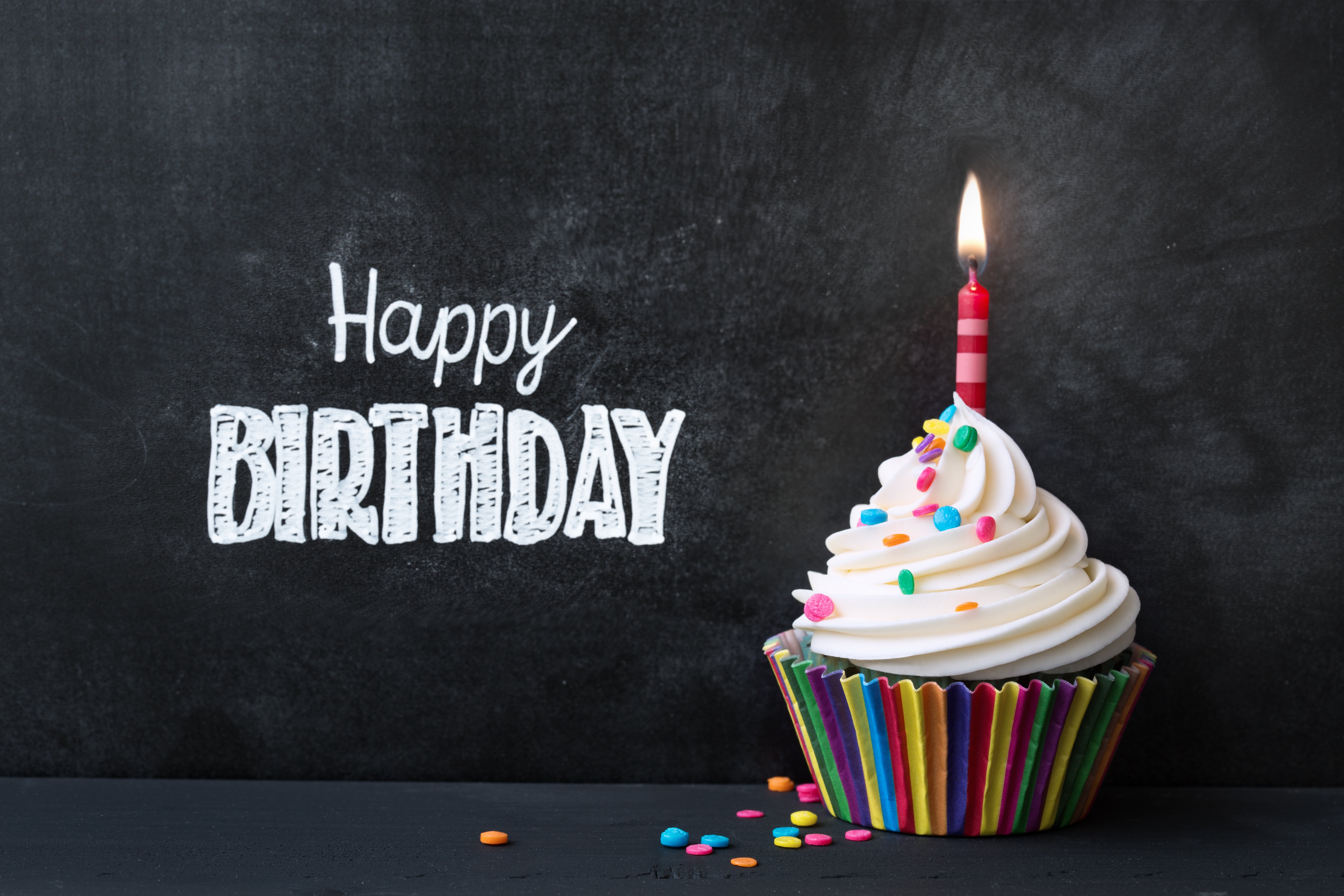 Happy Birthday Cupcake, sweet food, black background, burning, celebration