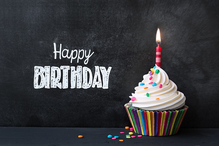 Happy Birthday Cupcake, sweet food, black background, burning, celebration Free HD Wallpaper