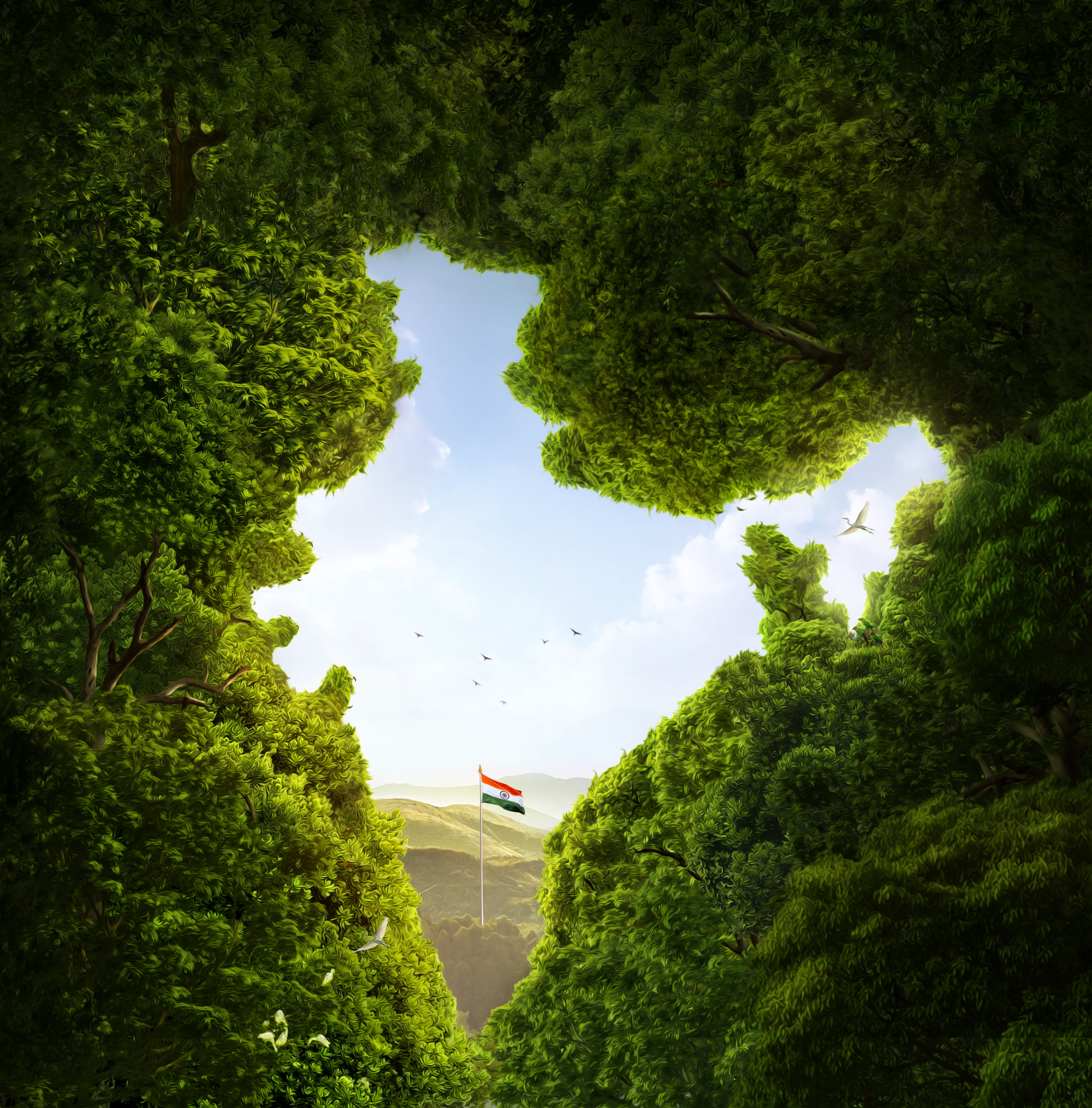 Harmandir Sahib HD, cgi, india, trees, flag of india