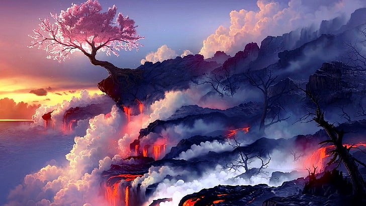 Japanese Cherry Blossom, dusk, heat  temperature, volcano, summer Free HD Wallpaper