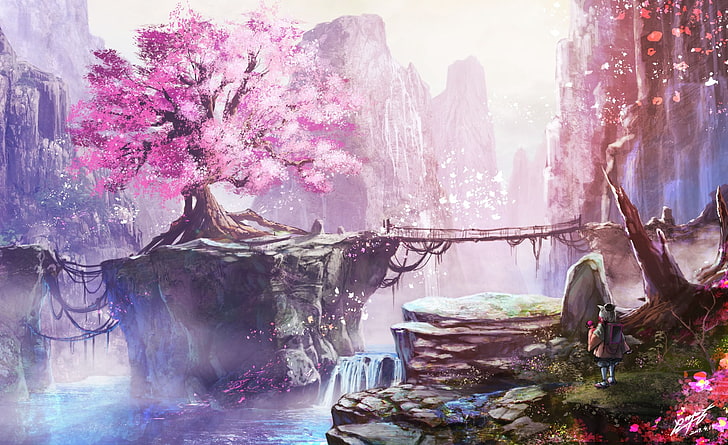 Japanese Cherry Blossom Tree Anime, architecture, day, rock, lifestyles Free HD Wallpaper