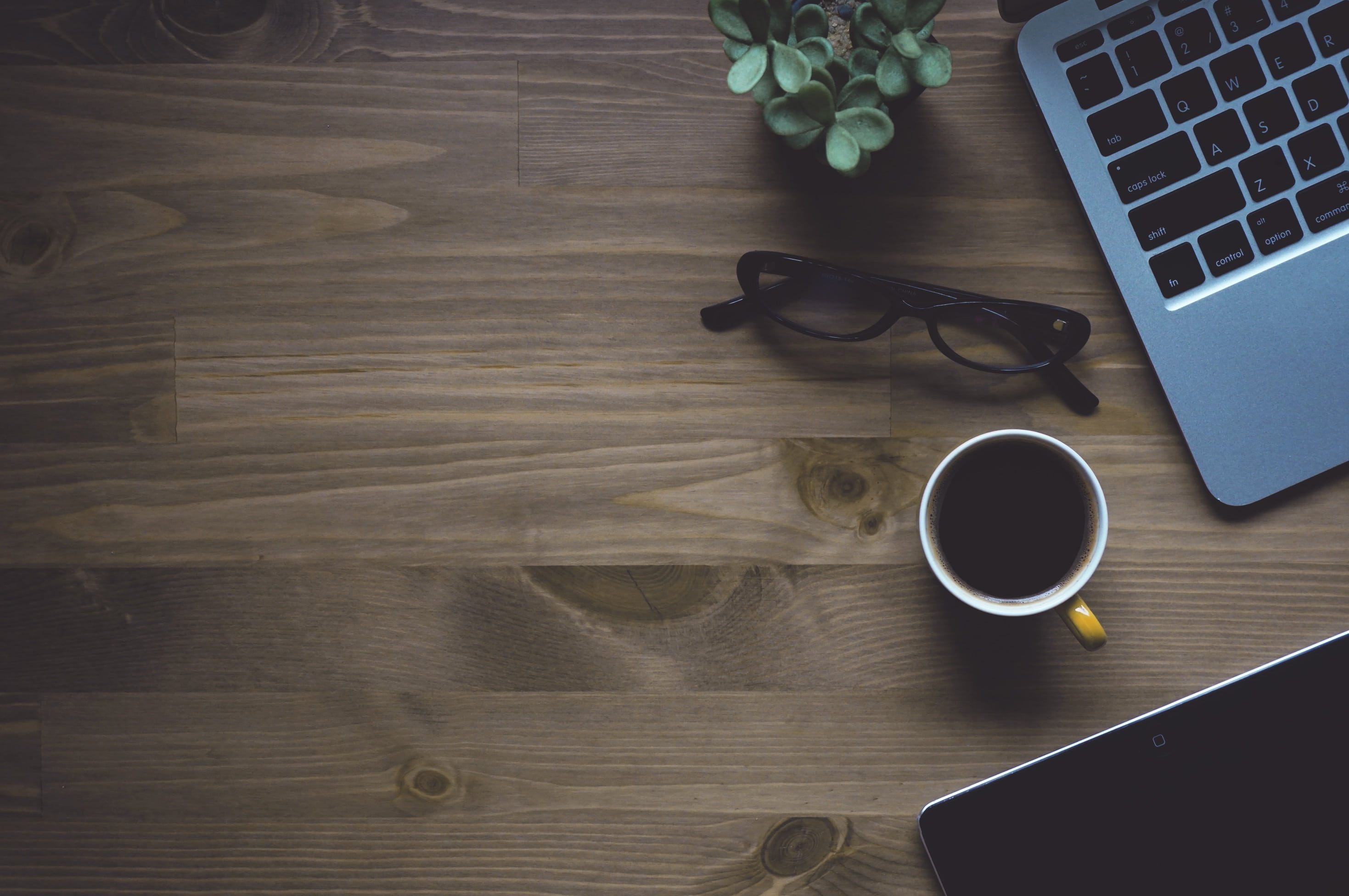 MacBook and Coffee, wood grain, blank, workspace, keyboard