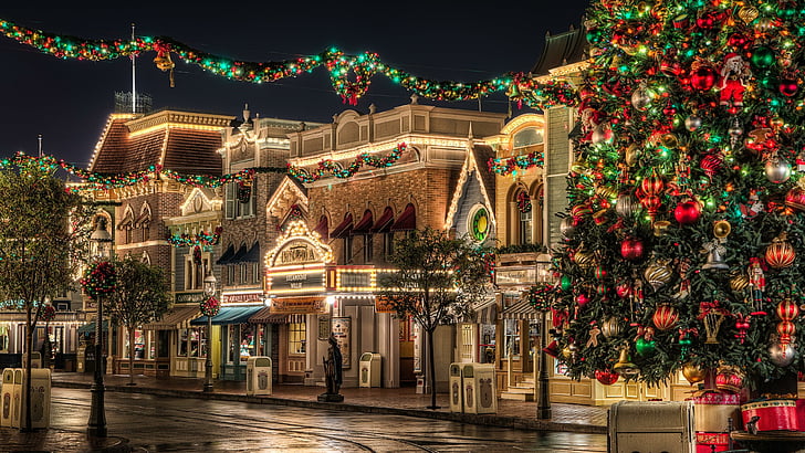 Main Street Christmas, lighting, decoration, night, celebration Free HD Wallpaper