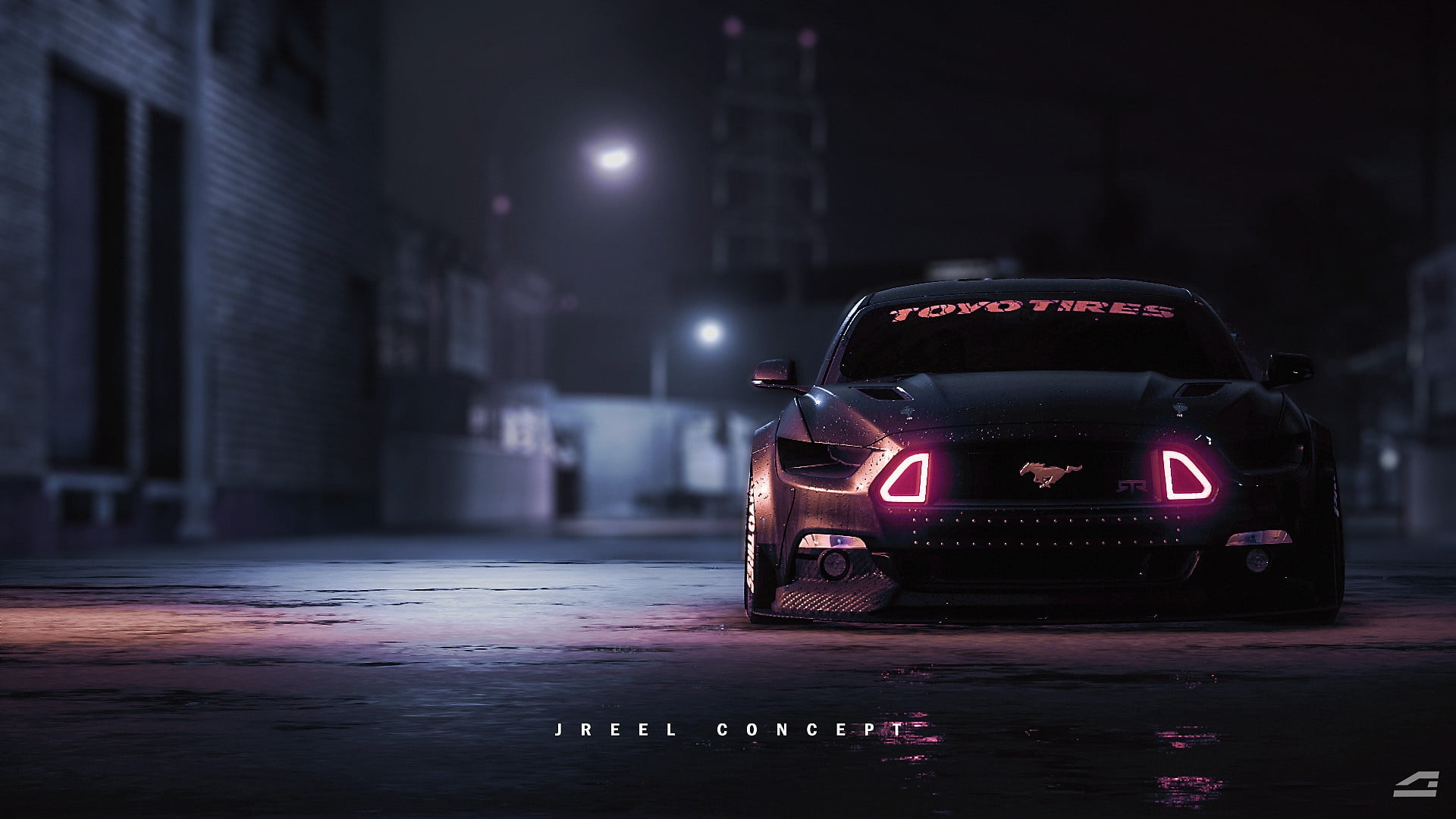 Mustang Boss 302, street light, wet, mustang, street