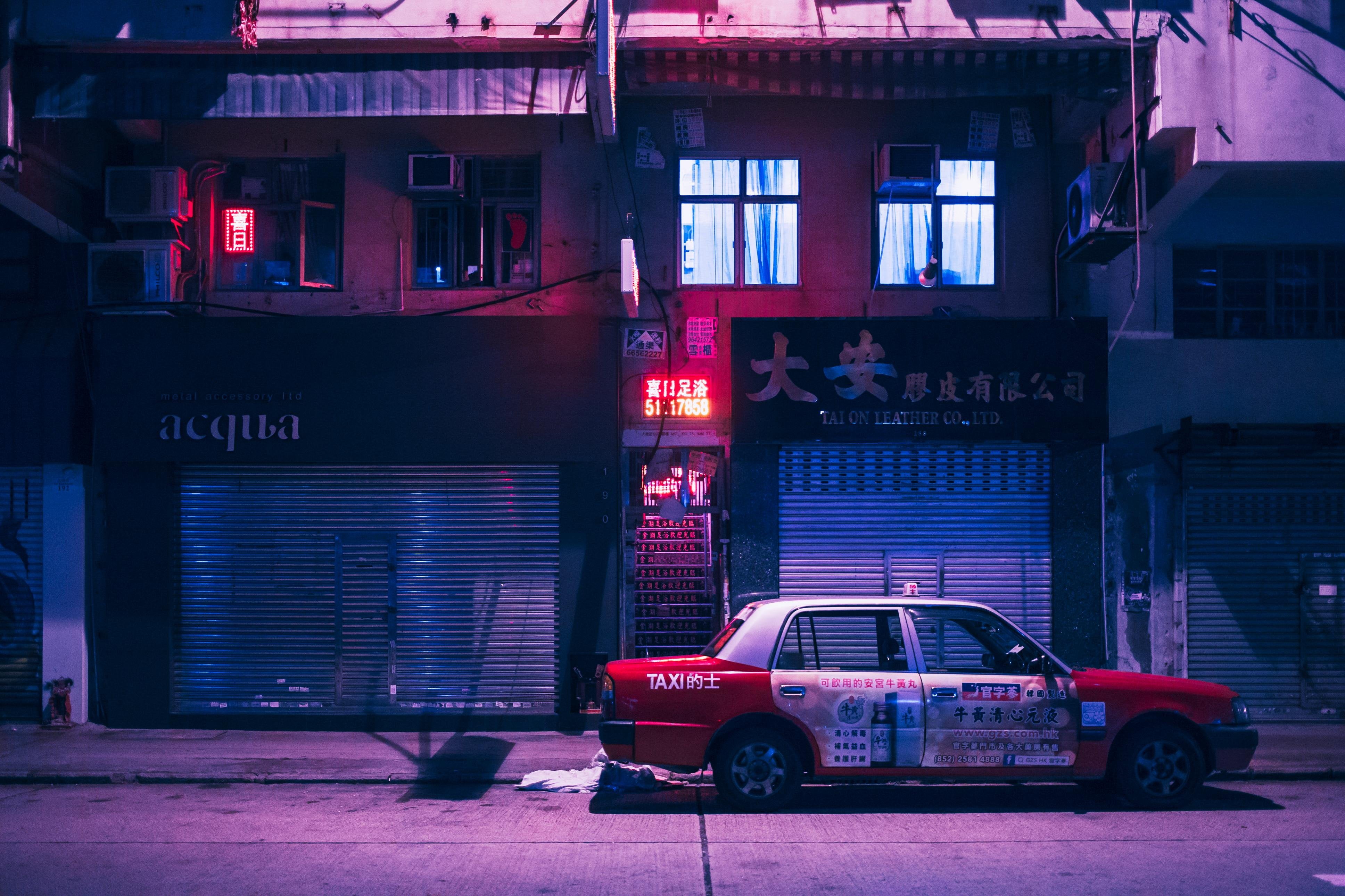 Neon City Aesthetic, taxi, transportation, western script, no people