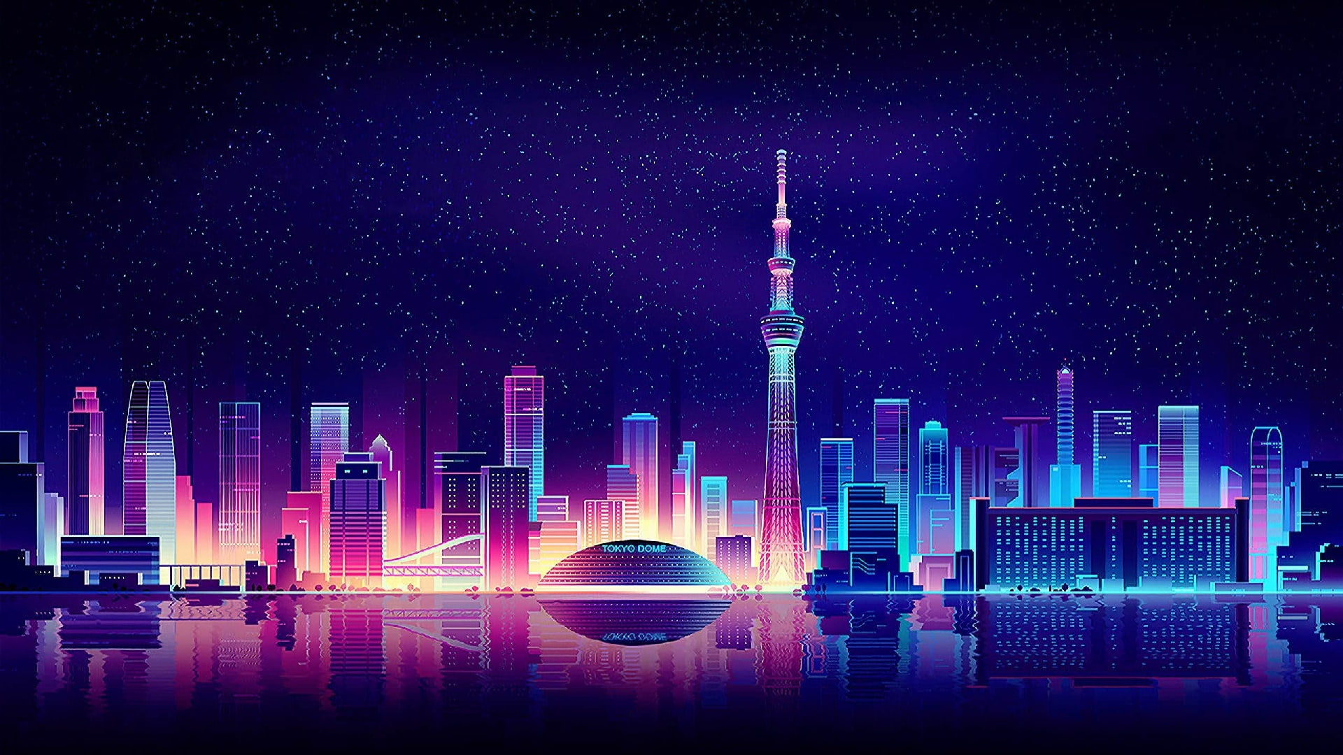 Neon City Art, starry night, purple, city, tower