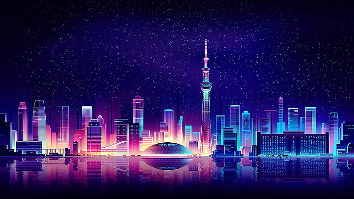 Neon City Art, starry night, purple, city, tower Free HD Wallpaper