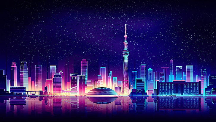 Neon City Art, starry night, purple, city, tower