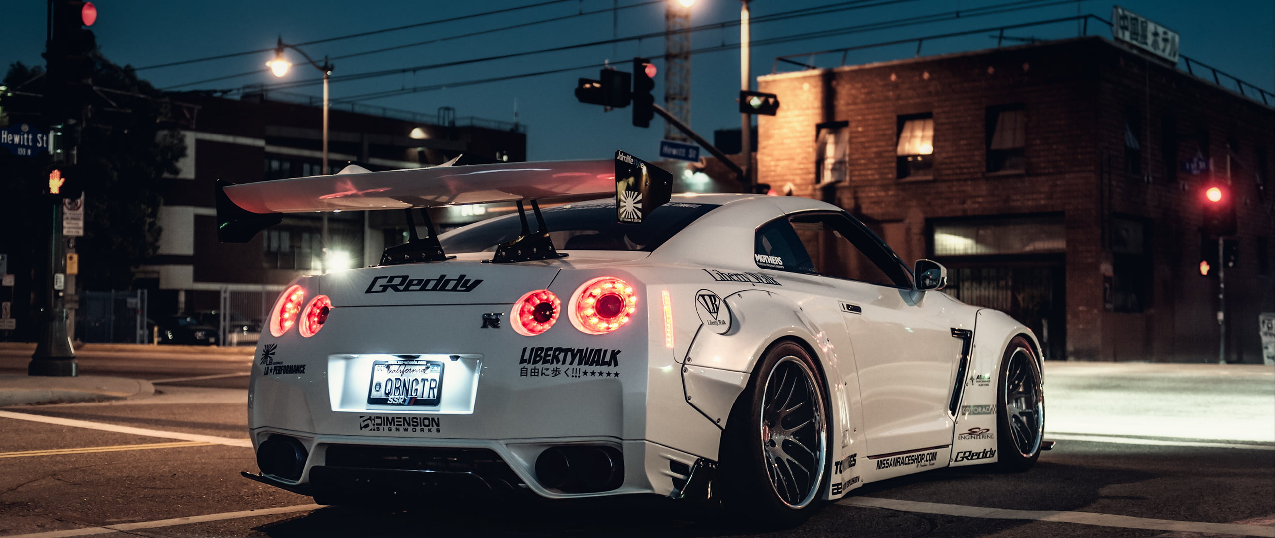 Nissan GT-R Premium, illuminated, city, nature, headlight