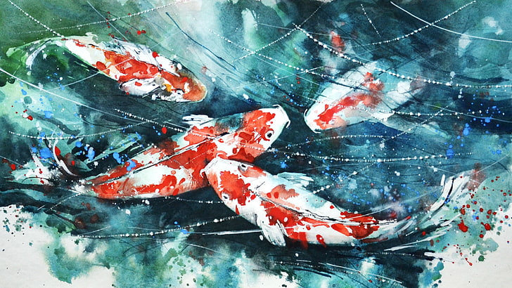 Oil Paintings of Koi Fish, outdoors, no people, transparent, glass  material Free HD Wallpaper