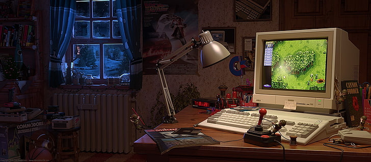 Old 90s PC Games, crt, night, electric lamp, keyboard Free HD Wallpaper
