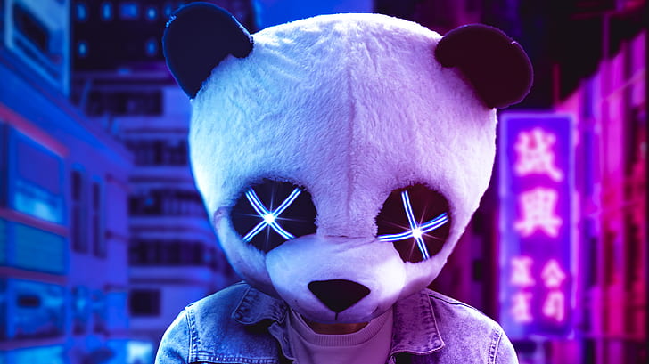 Panda 1080 X 1080, building, panda mask, sign, neon sign Free HD Wallpaper
