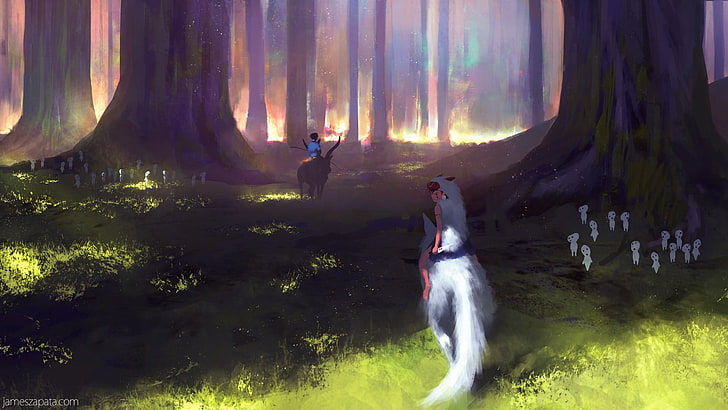 Princess Mononoke Characters, full length, one animal, tree, domestic animals