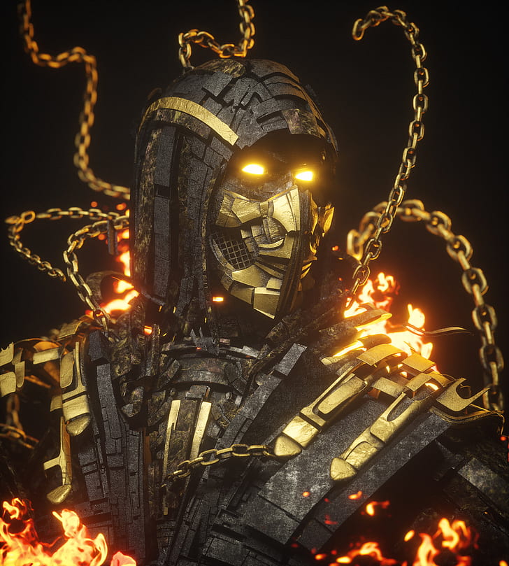 Red Character in Mortal Kombat, gold, mortal kombat 11, mortal kombat, scorpion character Free HD Wallpaper