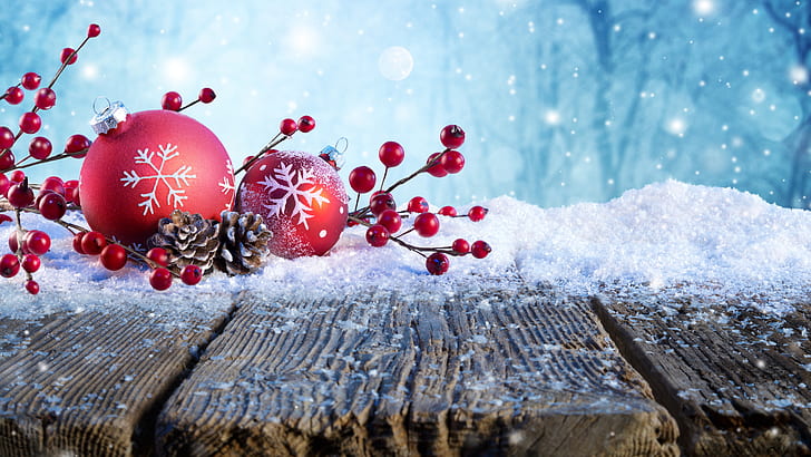 Red Christmas Lights, berry, christmas, snow, pine Free HD Wallpaper