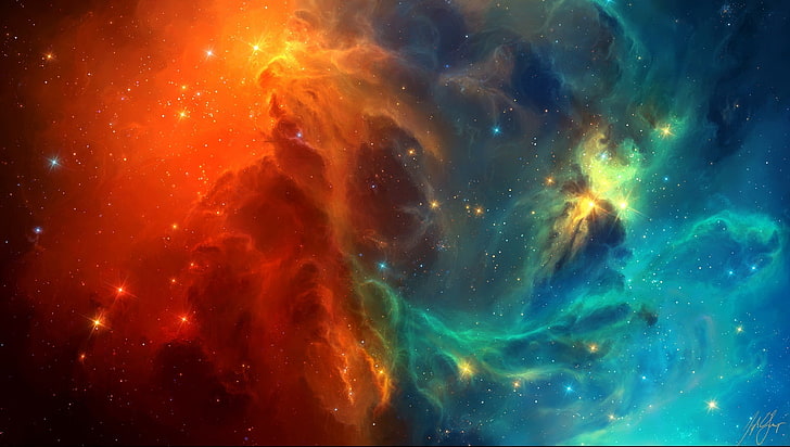 Red Star Space, glowing, dust, full frame, digital art