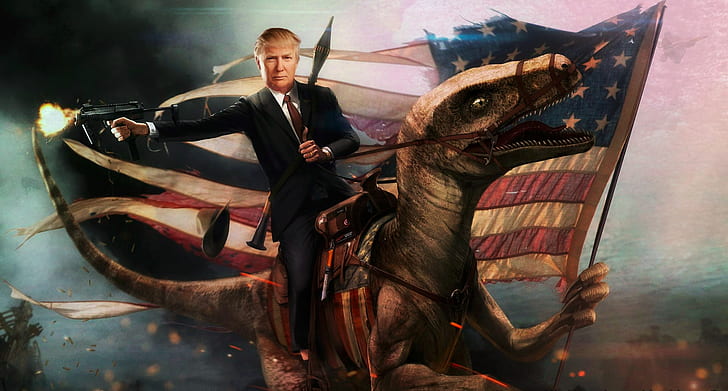 Ronald Reagan On Velociraptor, rpg7, american flag, usa, donald trump Free HD Wallpaper