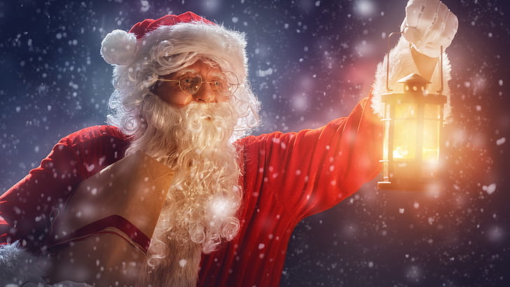 Santa Claus Postcards, snowing, christmas holiday, lantern, christmas holidays Free HD Wallpaper