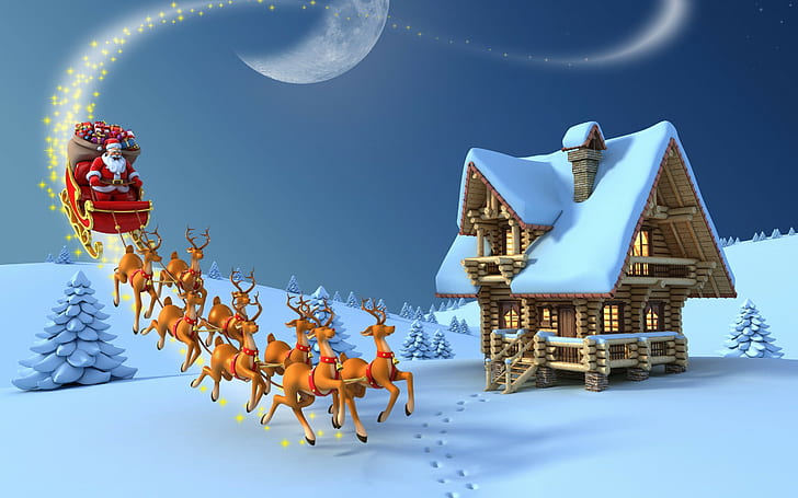 Santa Claus Reindeer Rudolph, moon, new year, reindeer, claus Free HD Wallpaper