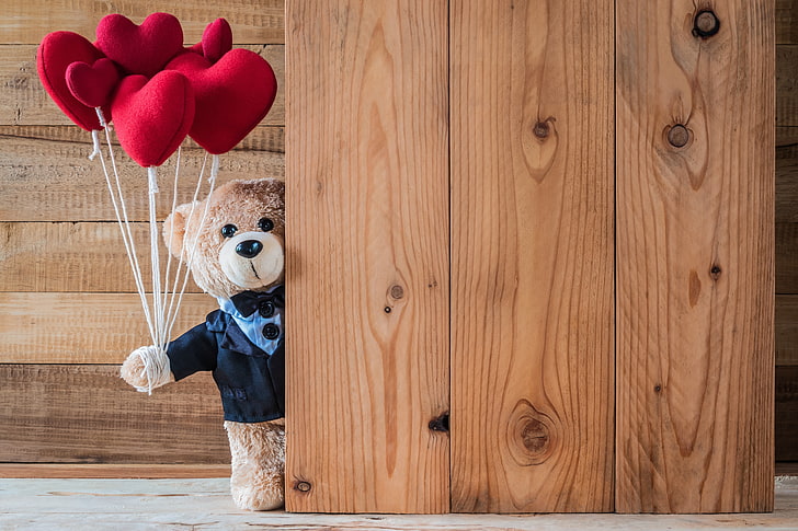 Teddy Bear Holding Balloons, gift, romantic, cute, valentines day Free HD Wallpaper