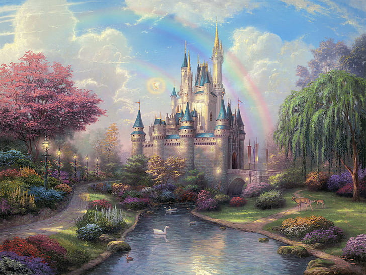 Thomas Kinkade Little Mermaid Disney, castle, digitalartwork, drawing, rainbow Free HD Wallpaper