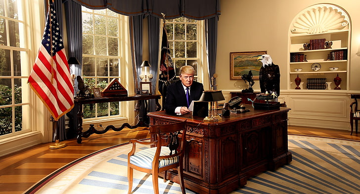 Trump in Oval Office, looking at camera, white house, waist up, electric lamp Free HD Wallpaper